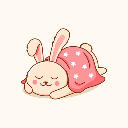 Funny rabbit sleeping covered by blanket. Vector Icon Illustration. Bunny Logo Mascot Cartoon Character. Animal Logo Concept White Isolated. Flat Cartoon Style Suitable for Web Landing Page, Banner, Flyer, Sticker, Cardのイラスト素材