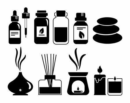 Aromatherapy black outline icon set with essential oils for spa and massage. Bottles with natural aroma oils, herbs, diffuser, candle for wellness and beauty Homeopathy and ayurveda therapy.のイラスト素材