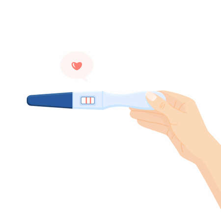 Pregnancy or ovulation positive test in woman hand top view isolated on white background. Female reproductive design, planning of pregnancy concept. Vector illustration for banner, website, printのイラスト素材