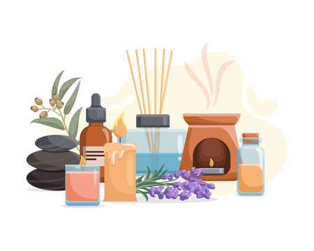Composition with aromatherapy accessories with essential oils. Aroma lamp, diffuser, essential oil, stones and aromatic flowers. Vector illustration on white background.のイラスト素材