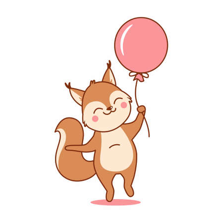 Cute Squirrel Holding Balloon Cartoon Vector Icon Illustration. Flat Cartoon Logoのイラスト素材