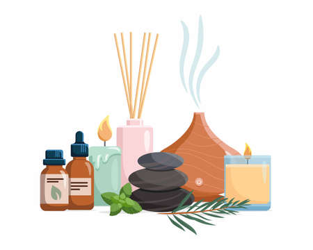 Composition with aromatherapy accessories with essential oils. Aroma lamp, diffuser, essential oil, stones and aromatic flowers. Vector illustration on white background.のイラスト素材