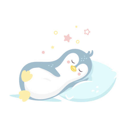 Cute Penguin Sleeping On Pillow. Cartoon Vector Icon Illustration. Animal Sleep Icon Concept Isolated Premium Vector. Flat Cartoon Styleのイラスト素材