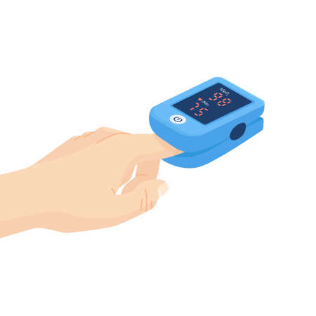 pulse oximeter, oxygen saturation, medical instrument oximeter isolated on a white background. monitor your heart rate through your finger. vector illustration in a flat style.のイラスト素材