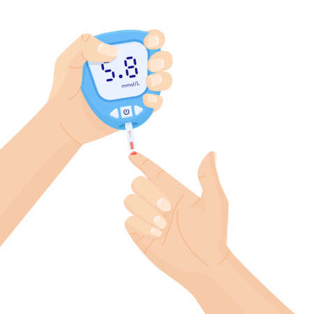 Human hand holding glucometer. Blood test with finger. Checking blood sugar level at home and test stripe. Diabetes concept with glucose monitor. Control and diagnostics Insulin problem self controlのイラスト素材