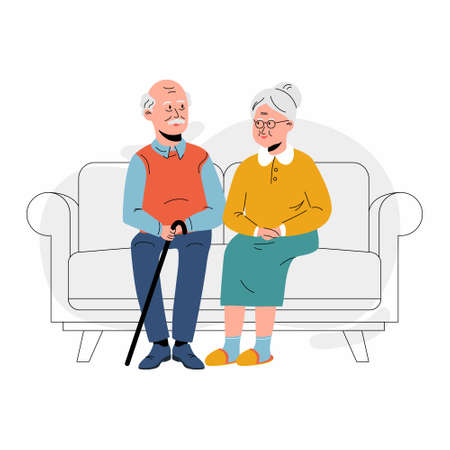 Elderly couple sitting on the sofa at home. Retired elderly couple in love. Grandparents family, grandmother and grandfather happy friends sitting on the couchのイラスト素材