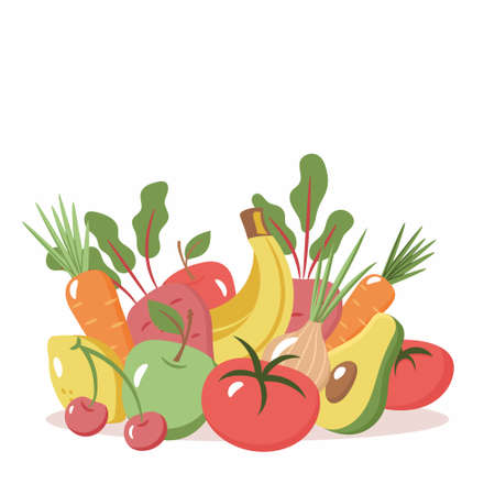 Vector illustration with fresh organic vegetables and fruits isolated on white background. Healthy Food. Set of vegetarian vegetables and fruits. Healthy lifestyle or diet concept.のイラスト素材