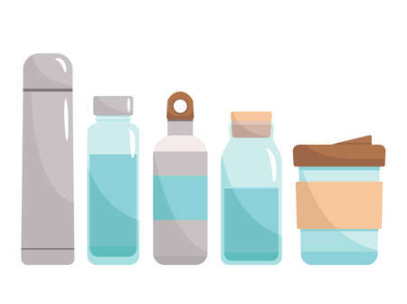 Take your water bottle. Refillable glass or metal bottles. Vector illustration in flat style. Zero waste concept, reasonable consumption, zero plastic.のイラスト素材