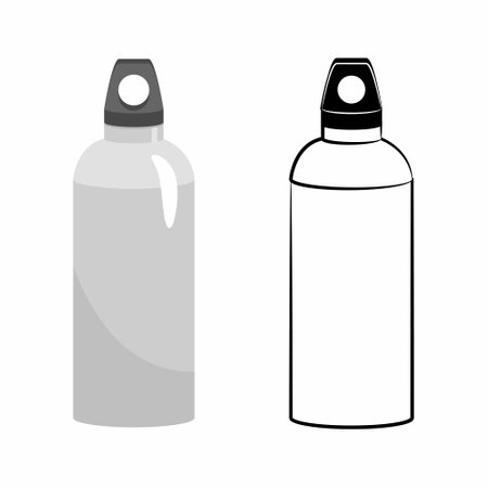 Metal water bottle for sport drink, blank aluminum thermo container for advertising, bicycle or hiking equipment, isolated vector color and outline illustration on white backgroundのイラスト素材