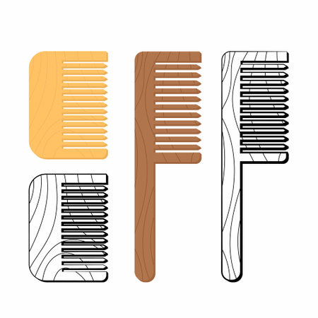 Vector color and black icons of wooden comb isolated at white background in cartoon style. Barbershop accessory from natural material. No waste, less plastic, eco friendly concept. Tool or instrument for beard or hairのイラスト素材