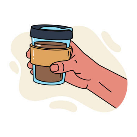 Man hand holding reusable thermo mug. World Environment day and Earth day concept. Thermo cup with coffee in man hand. Zero waste flat illustration. Man hand holding a drinking thermo mug.のイラスト素材