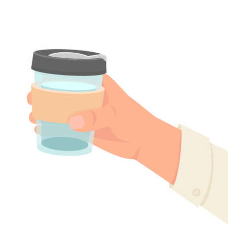 Man hand holding reusable thermo mug. World Environment day and Earth day concept. Thermo cup with water in man hand. Zero waste flat illustration. Man hand holding a drinking thermo mug.のイラスト素材