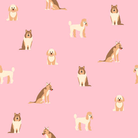 Cartoon cute puppies dog seamless pattern in vector. Breed of dogs illustration in vectorのイラスト素材