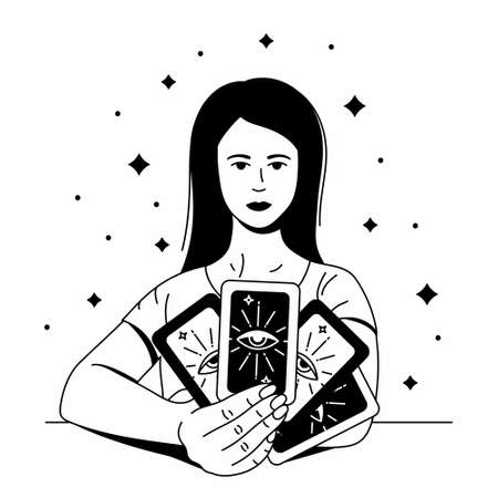 Beautiful woman prophetess holding tarot cards. Outline black vector illustration. Boho style for icon,  avatar, tattoo, poster, print designのイラスト素材