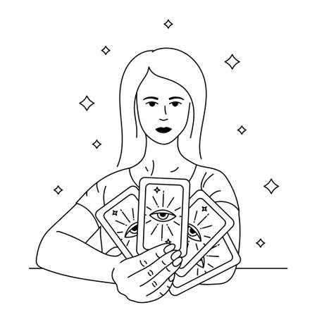 Beautiful woman prophetess holding tarot cards. Outline black vector illustration. Boho style for icon,   avatar, tattoo, poster, print designのイラスト素材