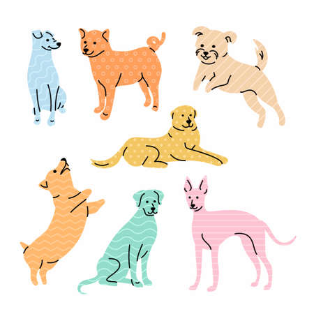 Set of cute colorful breed dogs. Outline geometric trendy style character design. Minimalistic scandinavian memphis style vector illustrationのイラスト素材