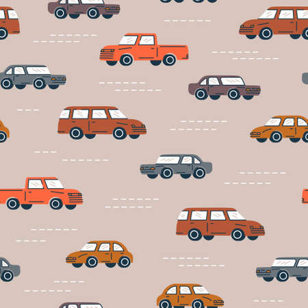 Seamless trendy pattern. A classic cars in retro color on beige background. Vintage style. Design for use in textiles, fabrics for kids, publications, gift wrap Vector illustrationのイラスト素材