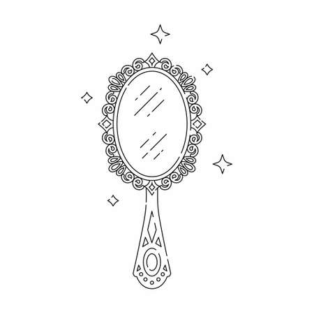 Magic mirror line vector illustration. Linear style. Black monochrome design isolated on white background. Magic, witchcraft tools.のイラスト素材