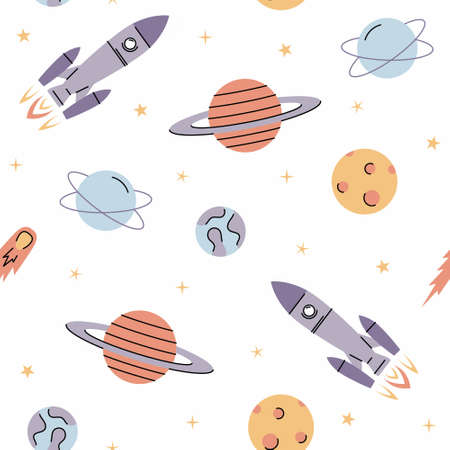 Space elements seamless pattern with rockets, planets, stars. Cosmos background. Vector retro...