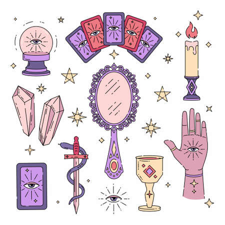 Set of magic symbols, witch tattoos, prediction, tarot cards. Crystal ball, tarot cards, candle, hand with eye, mirror, sword and snake, goblet and stars. Trendy vector illustration, boho design, modernのイラスト素材
