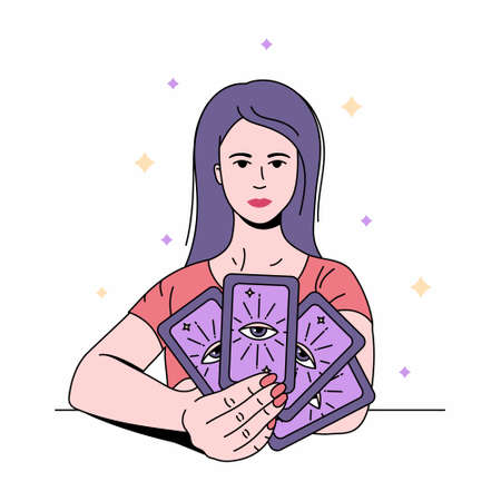 Beautiful woman prophetess, fortune-teller holding tarot cards.
