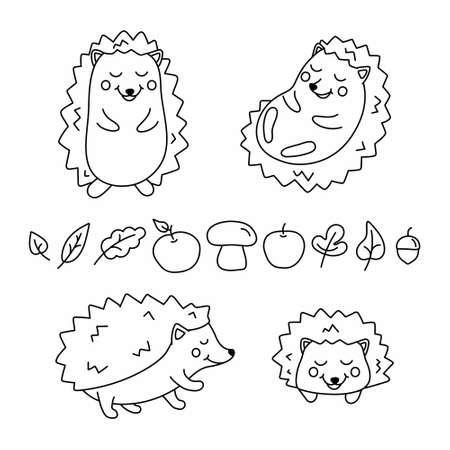 Set of cute funny little autumn hedgehog icons isolated on white background. For tags, stickers, patterns, banners, coloring page. Vector outline flat illustration.のイラスト素材
