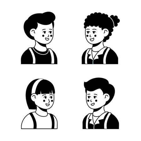 Set of children avatars. Back to school. Bundle of smiling faces of boys and girls with different hairstyles and ethnicity. Outline black vector illustration isolated on white backgroundのイラスト素材