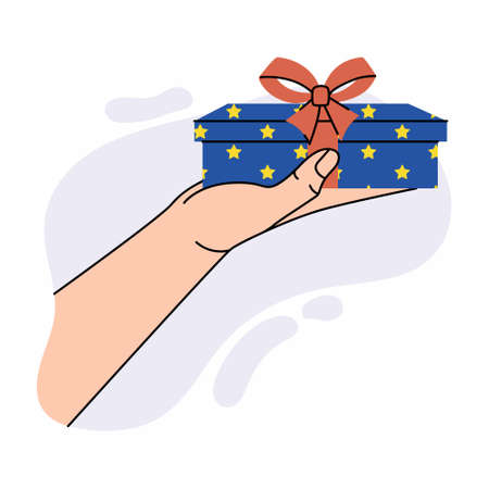 Hand giving a gift box isolated on white background. Vector illustrationのイラスト素材