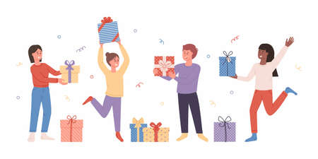 Women and man hold gift boxes smiling fun with friends isolated. People with presents. Characters celebrating birthday or important eventのイラスト素材