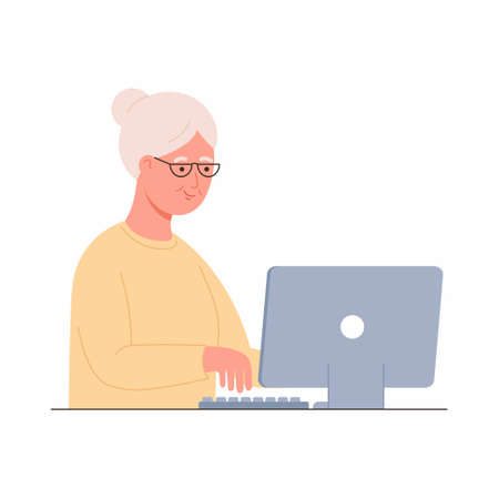 Old woman working on laptop computer. Online education, web courses, modern technologies and old age concept. Vector illustration in flat style on white backgroundのイラスト素材