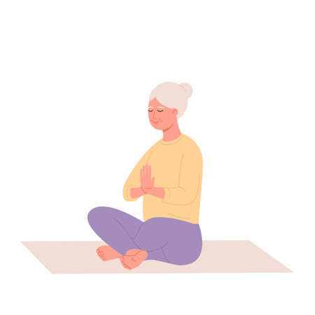 Old woman relaxing at yoga. Healthy lifestyle. An elderly woman sits in a lotus position and meditates. Vector flat illustration. Best ager women practicing yogaのイラスト素材