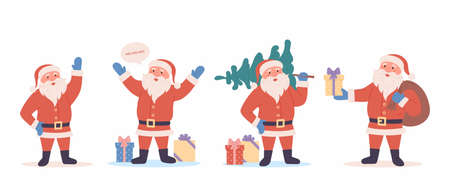 Set of cartoon Santa Claus character. Happy Santa Claus character with gift, bag, Christmas tree, waving hands. For Christmas cards, banners, tags and labels. Flat Santa Claus illustrationのイラスト素材