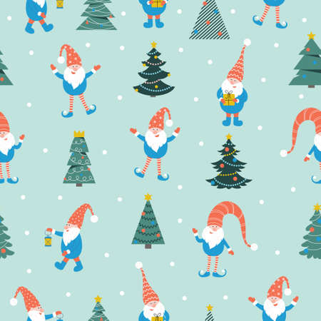 Cute christmas gnomes seamless pattern on green background. Vector illustration with gnomes in red hats and christmas tree.のイラスト素材