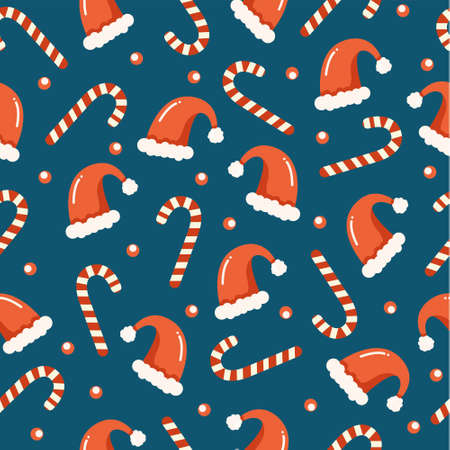 Seamless Christmas pattern with lollipops candy and santa Claus hats. Vector background for wrapping paper, fabric print, greeting cards designのイラスト素材