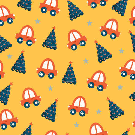 Seamless Christmas pattern with cars, Christmas trees and stars. Vector background for wrapping paper, fabric print, greeting cards designのイラスト素材