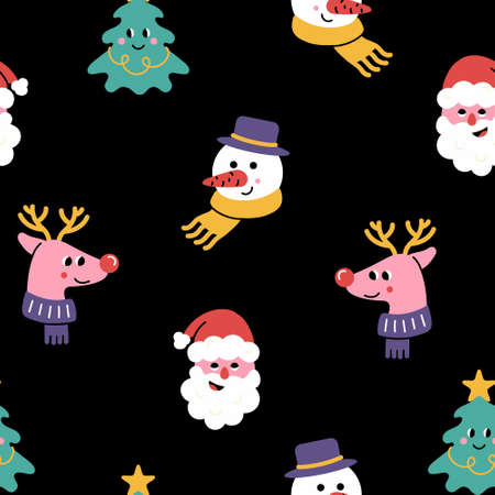 Christmas seamless pattern from cute trendy characters: Santa Claus, tree, deer, snowman on black...