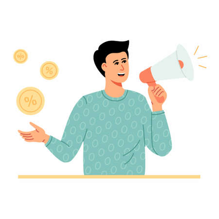 Cheerful man holding a megaphone and a sale sign next to a his hand. I Love Shopping. Black Friday sale and discounts. man use online shopping services. Smartphone marketing and e-commerce. Vectorのイラスト素材