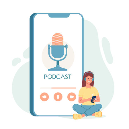 Woman listening to podcast. Internet online radio streaming, music applications, playlist online podcast concept. Vector illustration.のイラスト素材