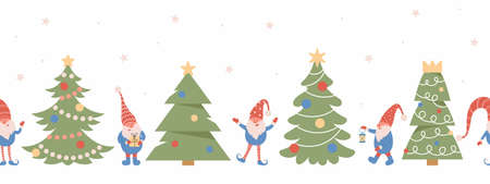 Seamless linear pattern with cute gnomes and christmas trees. Nordic Christmas, scandinavian...