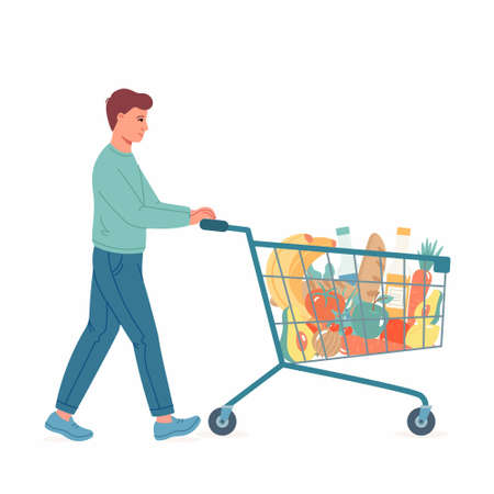 Young man with shopping cart full of food and drinks. Vector illustration in cartoon styleのイラスト素材