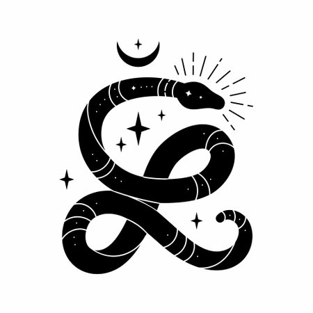 Vector black snake with mystical magic objects: moon and stars. Spiritual occultism symbols, tarot cards, esoteric objects.のイラスト素材