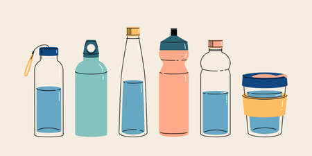 Take your water bottle. Refillable glass, plastic or metal bottles. Vector illustration in trendy style. Zero waste concept, reasonable consumption, zero plastic.のイラスト素材