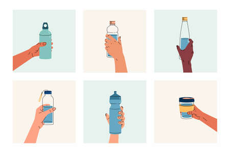 Set of reusable containers for liquids in hands. Various poses of hands holding a bottle, tumbler, sports water bottle in square. Use your own bottle. Outline color trendy vector illustration.のイラスト素材