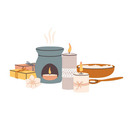 Composition with aromatherapy accessories with essential oils. Candles, aroma lamp, natural soap, sea salt, aromatic flower. Vector illustration on white background.のイラスト素材