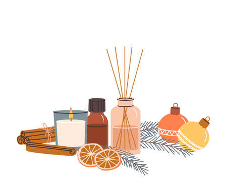 Composition with aromatherapy accessories with essential oils. Candles, diffuser, essential oil, dried orange slices and cinnamon, christmas balls. Vector winter christmas illustration on white background.のイラスト素材