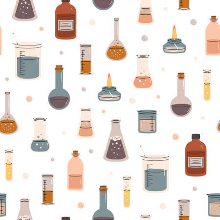 Seamless trendy pattern of laboratory equipment. Endless print with flask, test tube, chemical glassware. Design for wrapping paper, textile, background, vector illustration.のイラスト素材