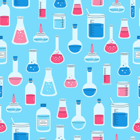 Seamless trendy pattern of laboratory equipment. Endless print with flask, test tube, chemical glassware. Design for wrapping paper, textile, background, vector illustration.のイラスト素材