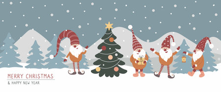 Hand draw vector illustration banner with cute gnomes in snow forest and Christmas tree. Merry Christmas and Happy New Year. Scandinavian trendy style.のイラスト素材
