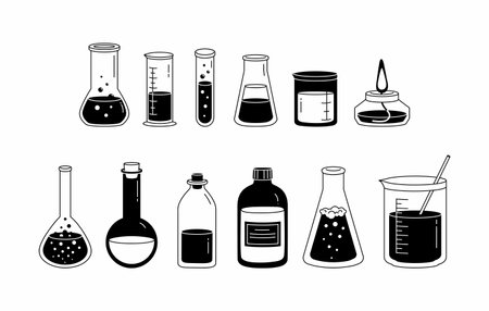 Chemical black and white glassware set isolated on white background. Various beakers, flasks, test tubes, bottles. Science, Medicine, laboratory. Outline trendy hand draw vector illustration.のイラスト素材