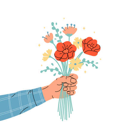 Male hand holding bouquet of flowers isolated on white background. Elegant cut flowers. Beautiful spring or summer gift. Colorful trendy flat vector illustrationのイラスト素材